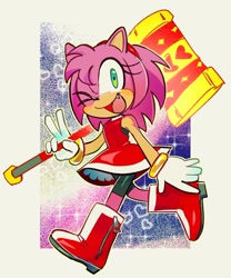 Size: 988x1185 | Tagged: safe, artist:maipeikko, amy rose, 2024, abstract background, blushing, heart, holding something, looking at viewer, mouth open, one fang, outline, piko piko hammer, redesign, shorts, smile, solo, v sign, walking, wink