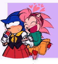 Size: 1078x1183 | Tagged: safe, artist:marcuslarry627, amy rose, sonic the hedgehog, 2024, abstract background, amy x sonic, blushing, classic amy, classic sonic, drinking, duo, half r63 shipping, heart, holding another's arm, lesbian, shipping, sketch, sweatdrop