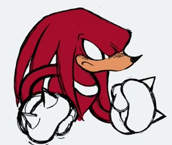 Size: 1379x1163 | Tagged: safe, artist:marcuslarry627, knuckles the echidna, echidna, 2023, bust, clenched fists, frown, grey background, looking offscreen, male, simple background, solo