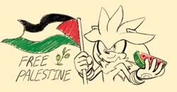 Size: 1676x870 | Tagged: safe, artist:starrjoy, silver the hedgehog, 2024, country flag, english text, flag, free palestine, holding something, looking ahead, palestine flag, smile, solo, traditional media, watermelon