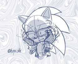 Size: 1450x1202 | Tagged: safe, artist:huyu_auoc, sonic the hedgehog, 2024, abstract background, crying, hands on own head, lidded eyes, quivering, sad, signature, sketch, solo, sweatdrop, tears, tears of sadness