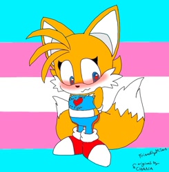 Size: 850x869 | Tagged: safe, artist:friendly_miles, miles "tails" prower, fox, 2024, blushing, crop top, english text, female, hands behind back, looking down, pride, pride flag, pride flag background, shorts, signature, solo, standing, trans female, trans pride, transgender