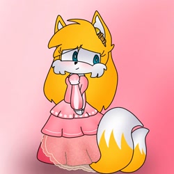 Size: 1280x1280 | Tagged: safe, artist:rosecandyart, miles "tails" prower, fox, blushing, dress, eye clipping through hair, female, gradient background, hands together, princess outfit, princess tails, smile, solo, standing, trans female, transgender