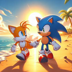 Size: 1024x1024 | Tagged: safe, ai art, artist:mobians.ai, miles "tails" prower, sonic the hedgehog, beach, clouds, daytime, duo, gay, holding hands, looking at each other, ocean, outdoors, palm tree, prompter:swiftfurai, shipping, smile, sonic x tails, sun, walking