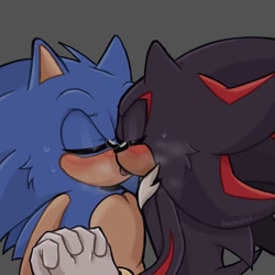 Size: 1280x1280 | Tagged: safe, artist:danimatez, shadow the hedgehog, sonic the hedgehog, 2023, blushing, duo, eyes closed, gay, grey background, kiss, shadow x sonic, shipping, simple background, standing, sweatdrop, tongue out