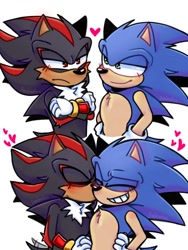 Size: 768x1024 | Tagged: safe, artist:danimatez, shadow the hedgehog, sonic the hedgehog, hedgehog, 2023, arms folded, blushing, duo, eyes closed, gay, heart, kiss on cheek, lidded eyes, looking at them, shadow x sonic, shipping, simple background, white background