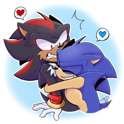 Size: 1280x1280 | Tagged: safe, artist:danimatez, shadow the hedgehog, sonic the hedgehog, 2023, abstract background, blushing, clenched teeth, duo, eyes closed, gay, heart, hugging, outline, shadow x sonic, shipping, smile, surprise hug, surprised, wagging tail