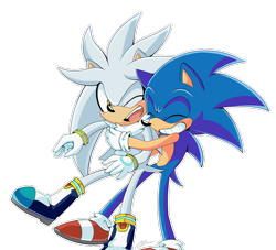 Size: 1100x1000 | Tagged: safe, artist:nannelflannel, silver the hedgehog, sonic the hedgehog, hedgehog, 2018, duo, duo male, eyes closed, gay, hugging, hugging from behind, male, males only, mouth open, one eye closed, outline, shipping, simple background, smile, sonilver, standing, transparent background