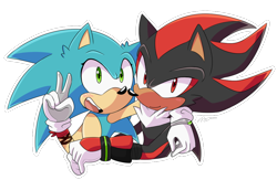 Size: 1000x650 | Tagged: safe, artist:nannelflannel, shadow the hedgehog, sonic the hedgehog, 2018, arm around shoulders, chip's necklace, commission, duo, gay, looking at viewer, outline, shadow x sonic, shipping, simple background, smile, transparent background, v sign