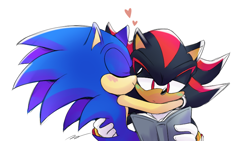 Size: 850x480 | Tagged: safe, artist:nannelflannel, shadow the hedgehog, sonic the hedgehog, hedgehog, 2019, blushing, book, duo, eyes closed, gay, green blush, heart, holding something, hugging, lidded eyes, male, reading, shadow x sonic, shipping, signature, simple background, smile, white background