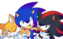 Size: 756x468 | Tagged: safe, artist:nannelflannel, miles "tails" prower, shadow the hedgehog, sonic the hedgehog, fox, hedgehog, 2019, group hug, hugging, looking at viewer, male, simple background, smile, transparent background, trio