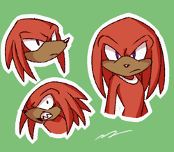 Size: 576x504 | Tagged: safe, artist:nannelflannel, knuckles the echidna, 2018, clenched teeth, frown, green background, male, outline, sharp teeth, signature, simple background