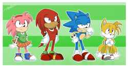 Size: 1080x576 | Tagged: safe, artist:nannelflannel, amy rose, knuckles the echidna, miles "tails" prower, sonic the hedgehog, echidna, fox, hedgehog, 2018, abstract background, classic amy, classic knuckles, classic sonic, classic tails, female, frown, group, looking offscreen, outline, signature, smile, standing