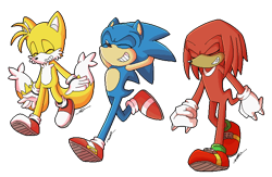Size: 720x468 | Tagged: safe, artist:nannelflannel, knuckles the echidna, miles "tails" prower, sonic the hedgehog, echidna, fox, hedgehog, sonic heroes, 2018, eyes closed, male, signature, simple background, smile, team sonic, transparent background, trio, walking