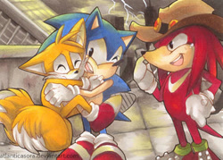 Size: 400x286 | Tagged: safe, artist:atlanticasora, knuckles the echidna, miles "tails" prower, sonic the hedgehog, sonic the ova, 2014, abstract background, hat, hugging, redraw, team sonic, trio