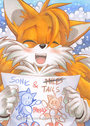 Size: 350x489 | Tagged: safe, artist:atlanticasora, miles "tails" prower, fox, 2014, abstract background, blushing, cute, drawing, eyes closed, holding something, mouth open, smile, tailabetes, tears, tears of happiness