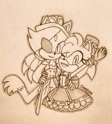 Size: 1280x1418 | Tagged: safe, artist:ladychameleon03, amy rose, blaze the cat, cat, hedgehog, 2018, amy x blaze, cute, female, females only, halloween, halloween outfit, hand on back, lesbian, looking at viewer, one eye closed, shipping