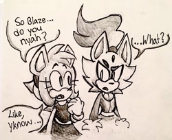 Size: 1280x1044 | Tagged: safe, artist:fleetways, amy rose, blaze the cat, cat, hedgehog, 2017, amy x blaze, amy's halterneck dress, blaze's tailcoat, cute, english text, female, females only, lesbian, looking at each other, shipping, speech bubble, traditional media