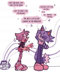 Size: 1463x1749 | Tagged: safe, artist:starfall-isle, amy rose, blaze the cat, cat, hedgehog, 2023, amy x blaze, boombox, cute, english text, female, females only, lesbian, musical notes, one eye closed, shipping, singing