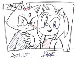 Size: 1689x1351 | Tagged: safe, artist:sottrice_sth, amy rose, blaze the cat, cat, hedgehog, 2024, amy x blaze, blushing, cute, female, females only, lesbian, looking at viewer, shipping, sketch, smile