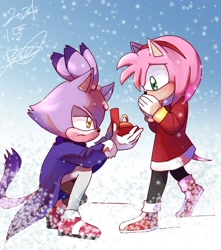 Size: 1766x1998 | Tagged: safe, artist:sottrice_sth, amy rose, blaze the cat, cat, hedgehog, 2024, amy x blaze, cute, female, females only, kneeling, lesbian, proposal, shipping, snow, winter, winter outfit