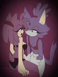 Size: 540x716 | Tagged: suggestive, artist:laconchadetupadre, amy rose, blaze the cat, cat, hedgehog, 2019, amy x blaze, bedroom eyes, bra, cute, female, females only, lesbian, looking at each other, mouth open, panties, romantic, shipping