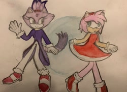 Size: 1489x1080 | Tagged: safe, artist:itz0hope, amy rose, blaze the cat, cat, hedgehog, 2023, amy x blaze, amy's halterneck dress, blaze's tailcoat, cute, female, females only, lesbian, looking at them, shipping, traditional media