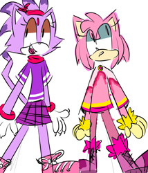 Size: 1200x1400 | Tagged: safe, artist:thetwiggiesttwig, amy rose, blaze the cat, cat, hedgehog, 2019, amy x blaze, cute, female, females only, lesbian, looking at something, mouth open, shipping