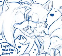 Size: 559x499 | Tagged: safe, artist:sillysilly62, miles "tails" prower, sonic the hedgehog, 2010, dialogue, duo, english text, eyes closed, gay, heart, holding each other, kiss, line art, new years, shipping, signature, sonic x tails, speech bubble