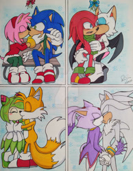 Size: 900x1162 | Tagged: safe, artist:ladynin-chan, amy rose, blaze the cat, cosmo the seedrian, knuckles the echidna, miles "tails" prower, rouge the bat, silver the hedgehog, sonic the hedgehog, amy x sonic, christmas, kiss, knuxouge, mistletoe, shipping, silvaze, straight, tailsmo