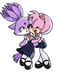 Size: 1080x1346 | Tagged: safe, artist:lazarus171, amy rose, blaze the cat, cat, hedgehog, 2023, amy x blaze, cute, female, females only, holding arm, lesbian, mouth open, one eye closed, schoolgirl outfit, shipping, wink