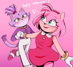 Size: 1080x989 | Tagged: safe, artist:hamyolento, amy rose, blaze the cat, cat, hedgehog, 2023, amy x blaze, amy's halterneck dress, blaze's tailcoat, cute, female, females only, heart, holding hands, lesbian, looking at each other, necklace, shipping, valentine's day