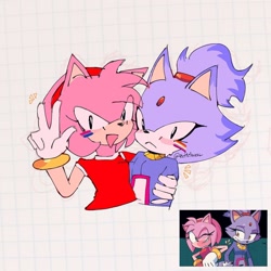 Size: 1080x1080 | Tagged: safe, artist:zei1chnen_, amy rose, blaze the cat, cat, hedgehog, 2023, amy x blaze, amy's halterneck dress, bisexual pride, blaze's tailcoat, cute, female, females only, hand on hip, lesbian, lesbian pride, looking at viewer, mouth open, peace sign, pride, shipping