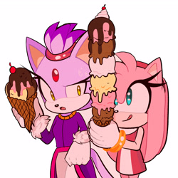 Size: 4096x4096 | Tagged: safe, artist:suyin_toons, amy rose, blaze the cat, cat, hedgehog, 2024, amy x blaze, amy's halterneck dress, blaze's tailcoat, cute, female, females only, ice cream, lesbian, looking at them, shipping