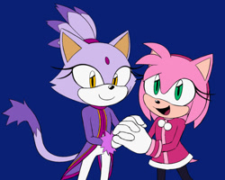 Size: 540x431 | Tagged: safe, artist:gh0stfl0wer, amy rose, blaze the cat, cat, hedgehog, 2023, amy x blaze, cute, female, females only, holding hands, lesbian, looking at viewer, mario & sonic at the olympic games, mouth open, shipping, smile, winter outfit