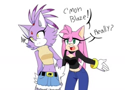Size: 1280x925 | Tagged: safe, artist:laconchadetupadre, amy rose, blaze the cat, cat, hedgehog, 2019, amy x blaze, cute, english text, female, females only, lesbian, looking at something, looking at them, mouth open, shipping, speech bubble