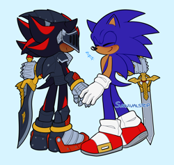 Size: 1900x1800 | Tagged: dead source, safe, artist:survivalstep, shadow the hedgehog, sonic the hedgehog, sonic and the black knight, blue background, blushing, cute, duo, eyes closed, gay, holding hands, knight armor, shadow x sonic, shadowbetes, shipping, signature, simple background, sir lancelot, smile, sonabetes, standing, sword