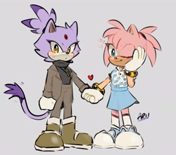 Size: 2048x1806 | Tagged: safe, artist:aruartpaca, amy rose, blaze the cat, 2024, alternate outfit, amy x blaze, amybetes, blazebetes, blushing, cute, duo, frown, grey background, hand on face, heart, holding hands, lesbian, looking at viewer, shipping, signature, simple background, smile, wink