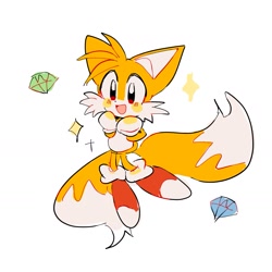 Size: 1593x1593 | Tagged: safe, artist:believe1nmyself, miles "tails" prower, 2024, blushing, chaos emerald, cute, looking offscreen, mouth open, simple background, smile, solo, sparkles, tailabetes, white background