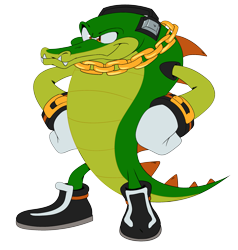 Size: 1947x2048 | Tagged: safe, artist:theteyoman, vector the crocodile, 2024, hands on hips, looking offscreen, simple background, smile, solo, standing, transparent background