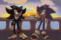 Size: 1024x673 | Tagged: safe, artist:glazedstories, shadow the hedgehog, sonic the hedgehog, 2024, abstract background, clouds, duo, fistbump, looking at each other, outdoors, smile, standing, sunset