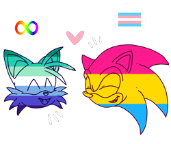 Size: 1978x1669 | Tagged: safe, artist:gayspudling, miles "tails" prower, sonic the hedgehog, 2024, autism symbol, autistic, clenched teeth, duo, gay, gender headcanon, head only, headcanon, headshot, heart, mlm pride, mouth open, one fang, pansexual, pansexual pride, sexuality headcanon, shipping, simple background, smile, sonic x tails, speech bubble, trans male, trans pride, transgender, transparent background