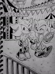 Size: 1536x2048 | Tagged: safe, artist:shadzzy_8a, shadow the hedgehog, sonic the hedgehog, abstract background, carnival, chili dog, duo, flag, food, gay, grass, holding hands, holding something, looking at them, looking away, looking offscreen, merry-go-round, outdoors, roller coaster, shadow x sonic, shipping, smile, stuffed animal, tent, walking, wink