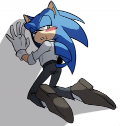 Size: 1693x1763 | Tagged: safe, artist:sonslivshad, sonic the hedgehog, 2024, against wall, blushing, clenched teeth, clothes, kneeling, lidded eyes, looking at viewer, looking back, looking back at viewer, looking over shoulder, pants, shadow (lighting), shirt, shoes, simple background, solo, sweatdrop, white background