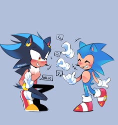 Size: 1938x2048 | Tagged: safe, artist:ghostie_goose, sonic the hedgehog, oc, oc:coy the hedgehog, hedgehog, 2024, blue background, blushing, classic sonic, crouching, cute, dialogue, duo, english text, eyes closed, fankid, magical gay spawn, mute, ocbetes, parent:shadow, parent:sonic, parents:sonadow, sign language, signature, simple background, smile, sonabetes, standing, standing on one leg, wagging tail, waving