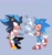 Size: 1938x2048 | Tagged: safe, artist:ghostie_goose, sonic the hedgehog, oc, oc:coy the hedgehog, hedgehog, 2024, blue background, blushing, classic sonic, crouching, cute, dialogue, duo, english text, eyes closed, fankid, magical gay spawn, mute, ocbetes, parent:shadow, parent:sonic, parents:sonadow, sign language, signature, simple background, smile, sonabetes, standing, standing on one leg, wagging tail, waving