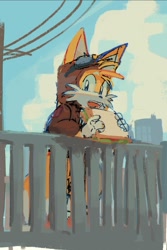 Size: 613x916 | Tagged: safe, artist:clumxy, miles "tails" prower, 2024, abstract background, cityscape, clouds, coat, daytime, eating, food, goggles, holding something, looking at viewer, mouth open, outdoors, railing, sandwich, sketch, solo, standing