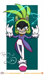 Size: 1216x2048 | Tagged: safe, artist:peachyowlart, surge the tenrec, abstract background, blaze's tailcoat, clenched teeth, devil horns (gesture), electricity, horn sign, looking at viewer, outfit swap, sharp teeth, smile, solo
