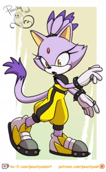 Size: 1260x2048 | Tagged: safe, artist:peachyowlart, blaze the cat, abstract background, looking down, mouth open, outfit swap, signature, solo, standing, surge's running suit