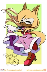 Size: 1342x2048 | Tagged: safe, artist:peachyowlart, whisper the wolf, abstract background, dress, eyes closed, lifting dress, looking at viewer, outfit swap, signature, smile, solo, standing on one leg, vanilla's dress